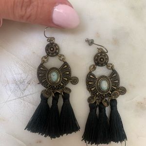 Black & turquoise vintage tassel/fringe earrings